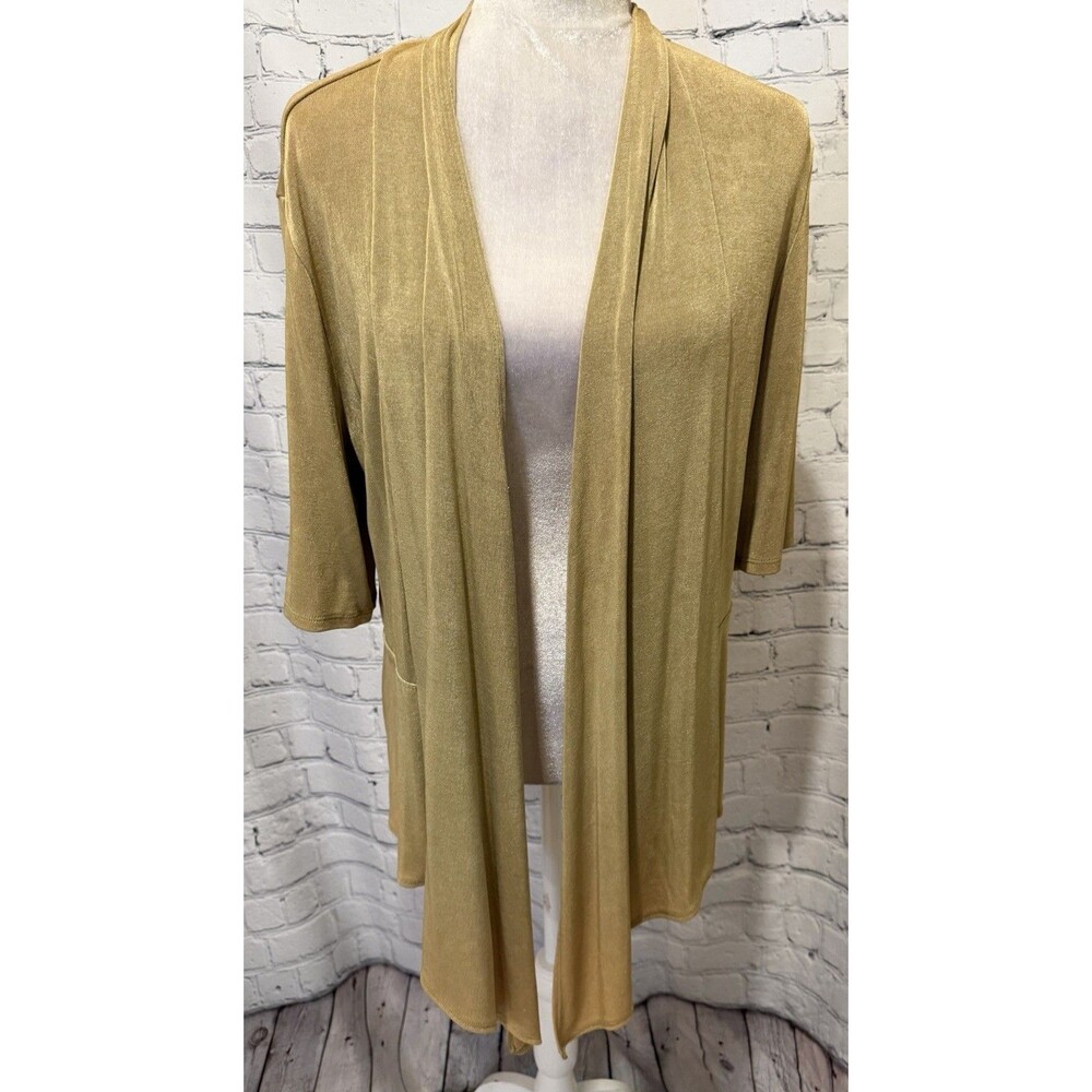 Travelers By Chico's Womens Open Front Cardigan Size 2 Green Yellow 3/4 Sleeve